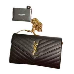 Saint Laurent Monogramme Quilted Leather Wallet on a Gold Chain- Like New